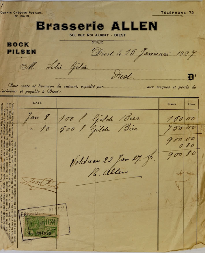 1927 Factuur "Brasserie Allen" voor Gildenbier