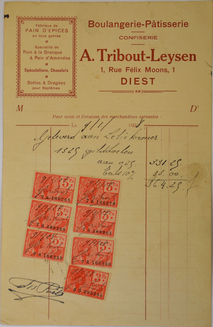 1928 Factuur Gildenkoeken "A. Tribout-Leysen" van 9 januari 1928