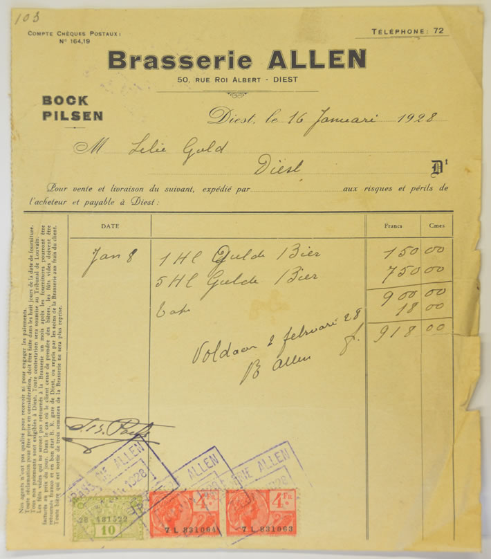 1928 Factuur "Brasserie Allen" voor Gildenbier